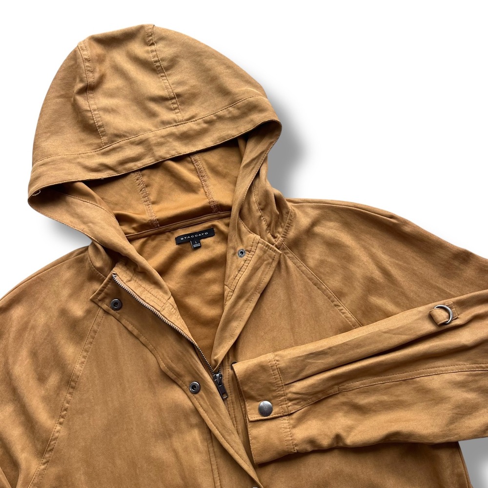 Staccato Womens L Camel Tan Faux Suede Lightweight Hood Utility Jacket Boho Chic